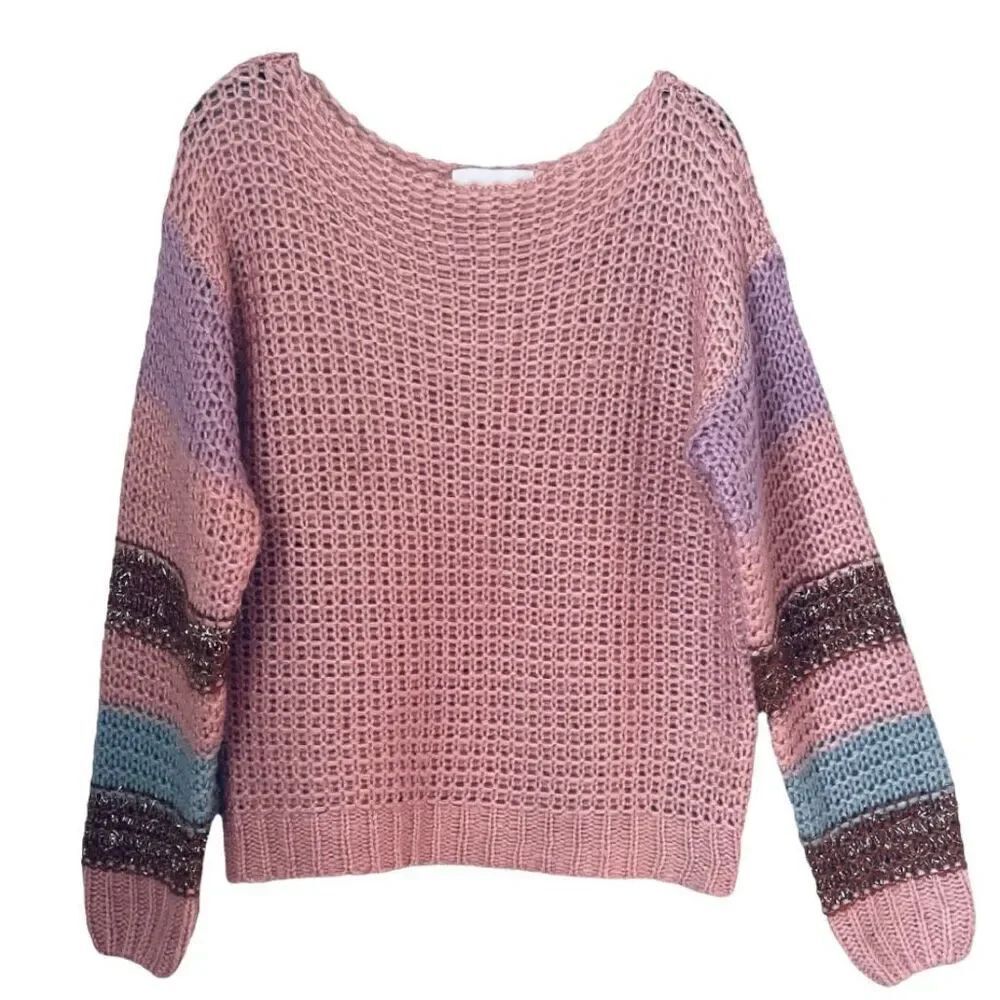Anthropologie Heartloom Pink Multicolor Stripe Metallic Accent Sweater Sz Small